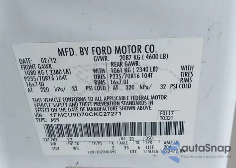 2012 Ford Escape Xlt from USA, damaged, VIN 1FMCU9D70CKC27271